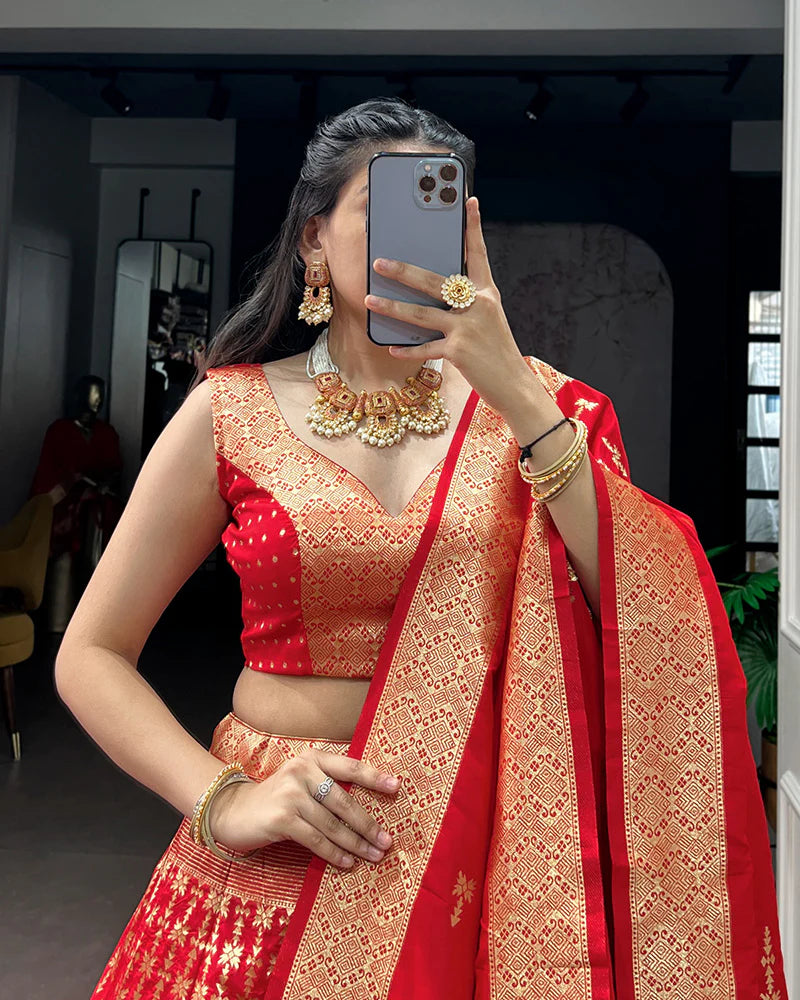 Womenline Red Color Banarasi Silk Zari Weaving Lehenga Choli