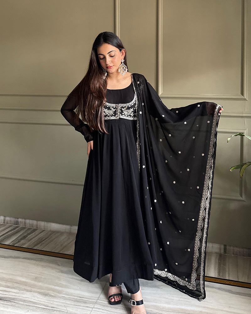 Womenline Black Color Faux Georgette Embroidered Anarkali Suit