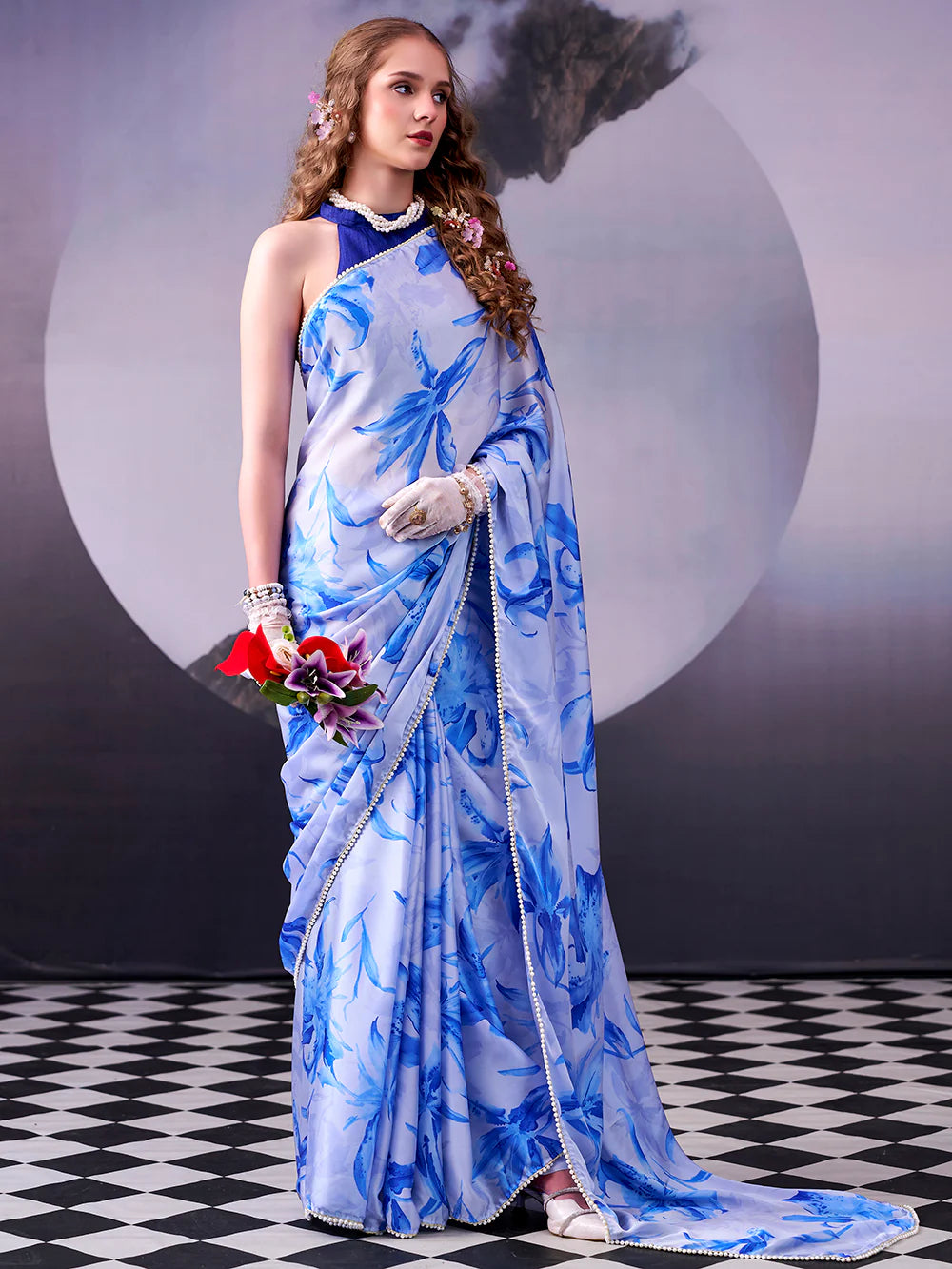 Womenline Stuning Sky Blue Color Floral Print Satin Silk Saree