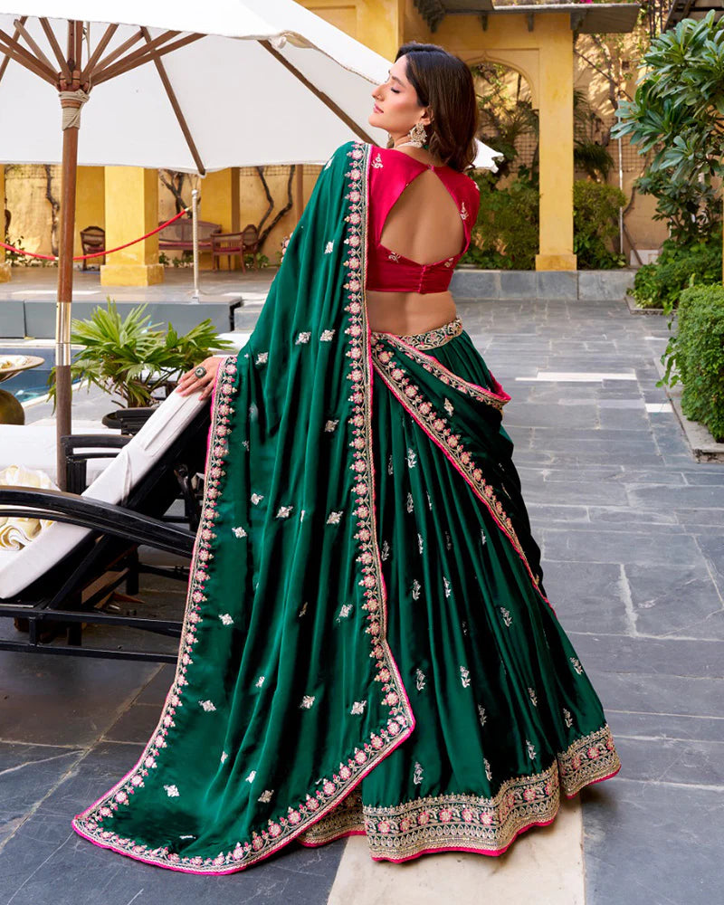 Womenline Green Color Satin Silk Embroidered Lehenga Choli