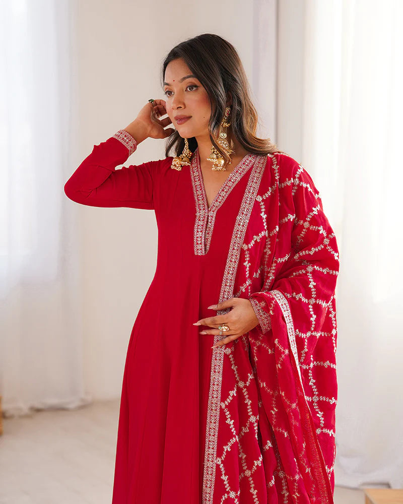 Womenline Red Color Vichitra Silk Embroidered Gown