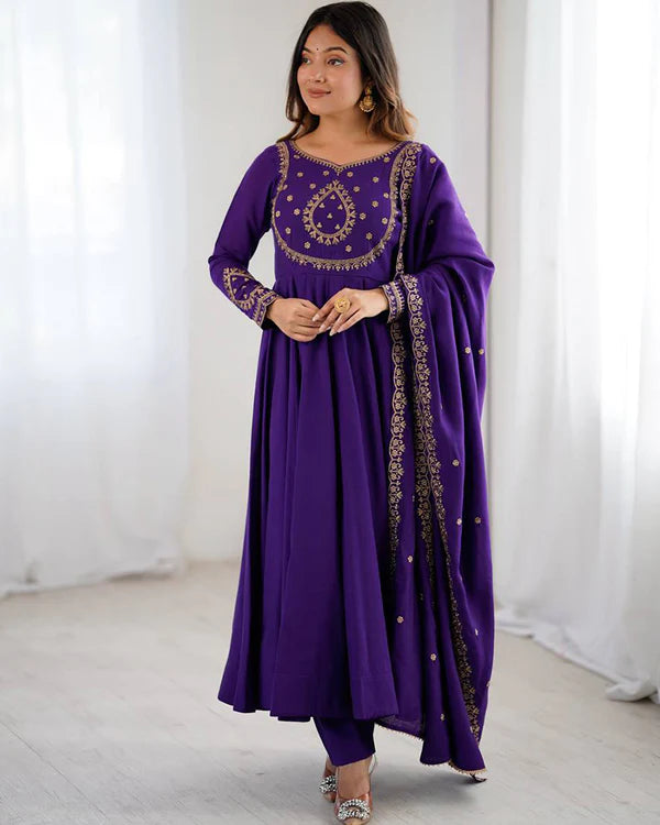 Womenline Purple Color Chanderi Silk Three Piece Anarkali Suit