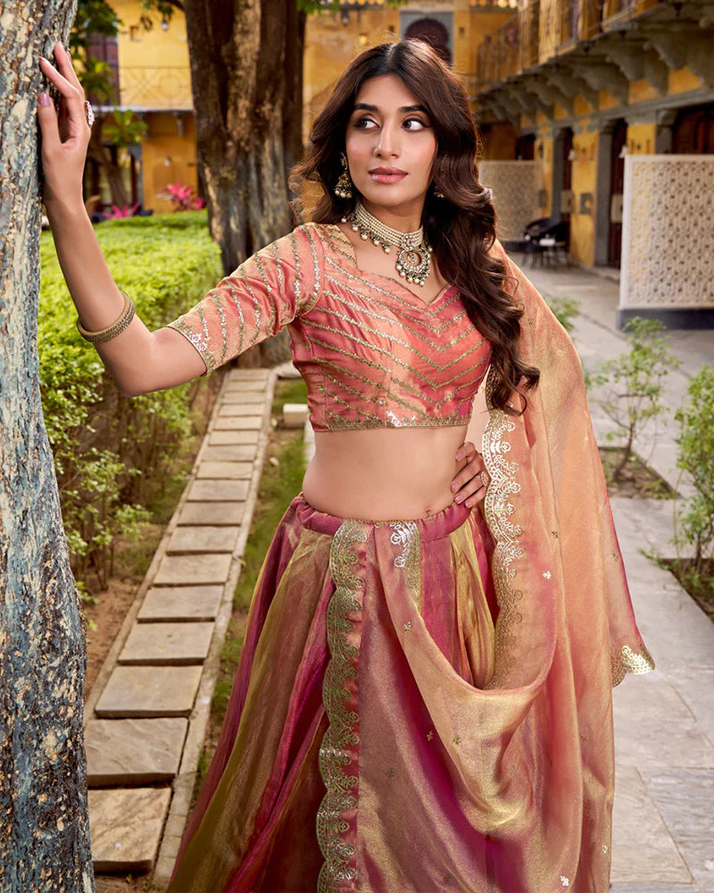 Womenline Pink Color Carika Silk Embroidered Lehenga Choli