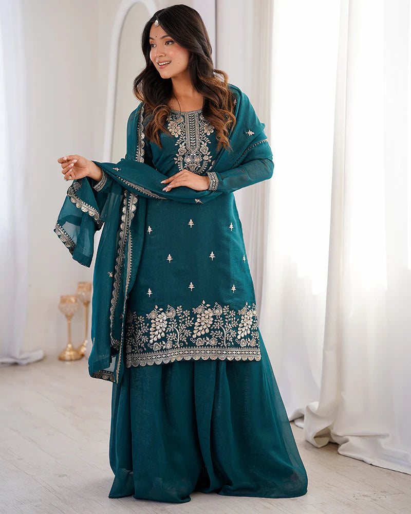 Womenline Teal Blue Color Soft Crunchy Silk Embroidered Plazzo Suit