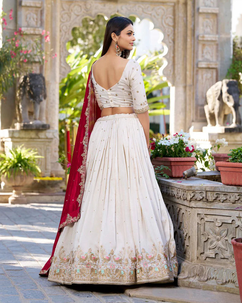Womenline Off-White Color Vichitra Silk Thread Embroidered Lehenga Choli