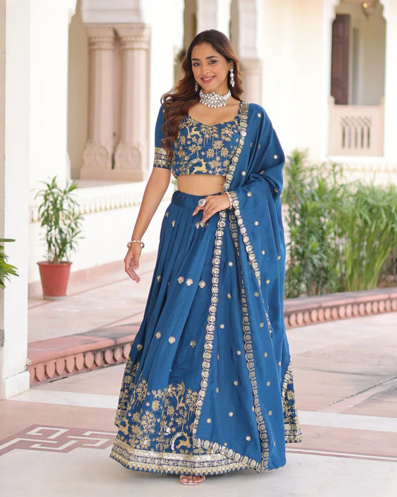 Womenline Peacock Blue Color Vichitra Silk Sequence Embroidered Lehenga Choli