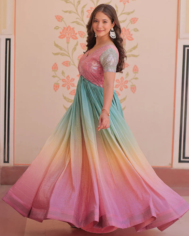 Womenline Puce pink Color Gold Crush Embroidered work Gown