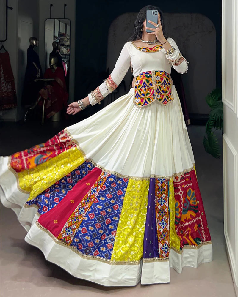 Womenline Multi White Color Pure Rayon Navratri Lehenga Choli