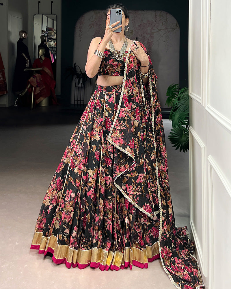Womenline Black Color Chiffon Printed Lehenga Choli