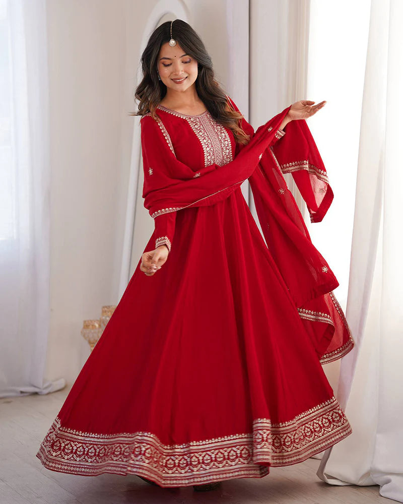 Womenline Dark Red Color Vichitra Silk Embroidered Gown