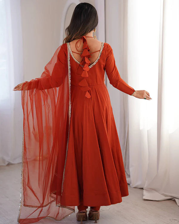 Womenline Rust Orange Color Chanderi Roman Silk Three Piece Anarkali Suit