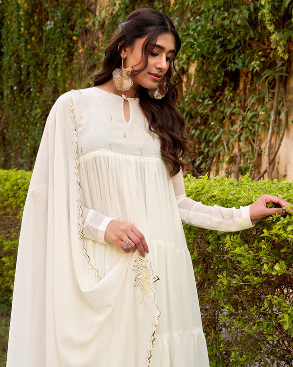 Womenline Off-White Color Marble Three Piece Anarkali Suit