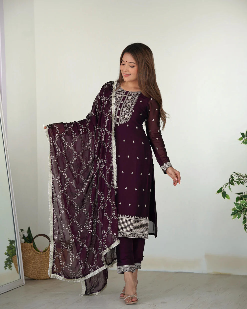 Womenline Wine Color Rangoli Silk Three Piece Kurti Suit