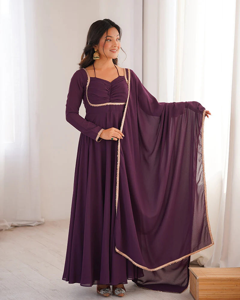 Womenline Wine Color Pure Blooming Georgette Anarkali Gown