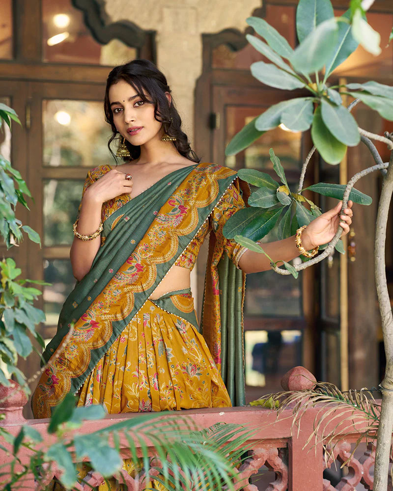 Womenline Mustard Color Tasar Silk Foil Printed Lehenga Choli