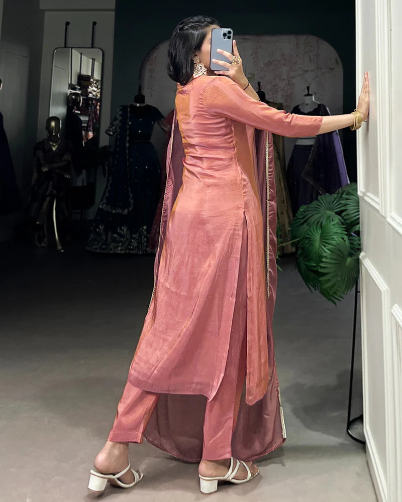 Womenline Peach Color Viscose Tissue Three Piece Kurti Suit