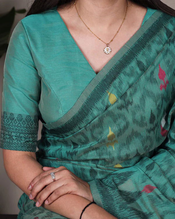 Womenline Teal Green Color Thread Weaving Poly Cotton Saree