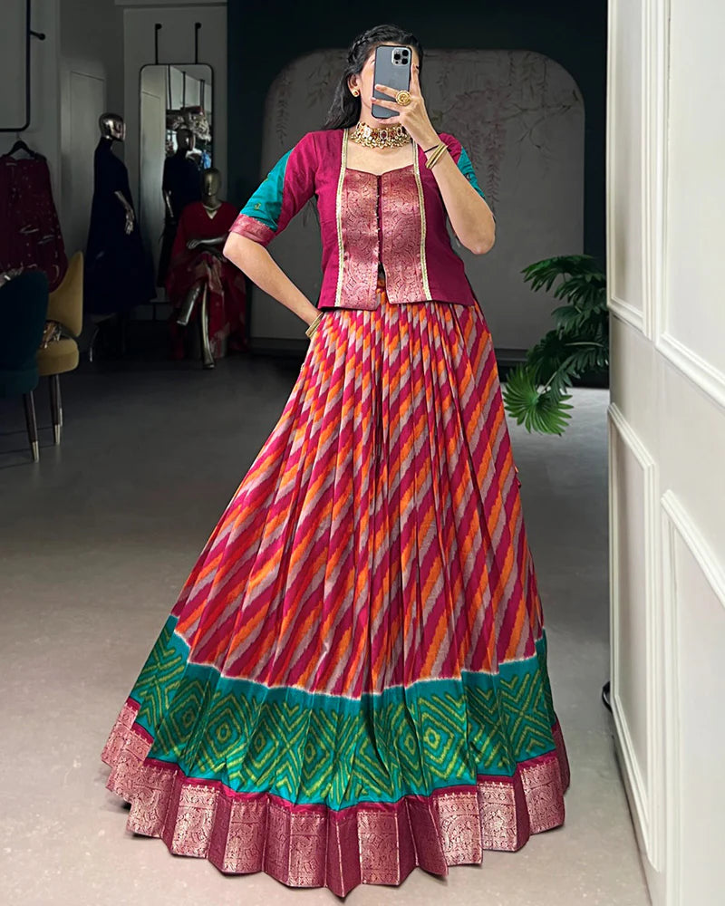 Womenline Red Color Tasar Silk Laheriya Printed Lehenga Choli