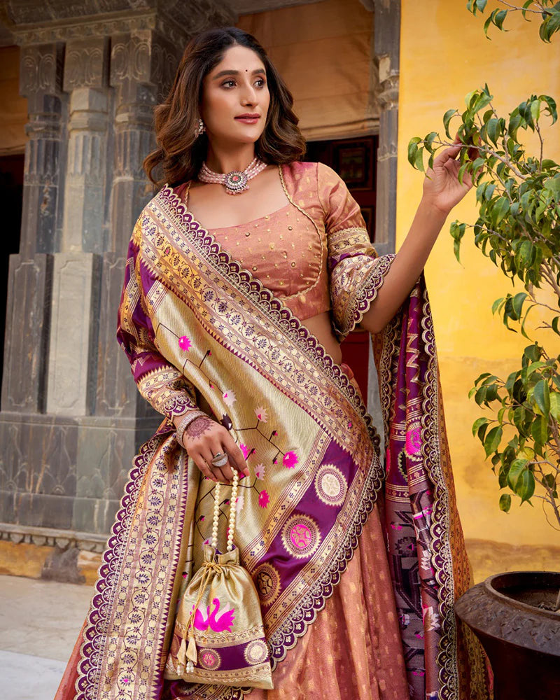 Womenline Peach Color Shimmer Organza Silk Lehenga Choli