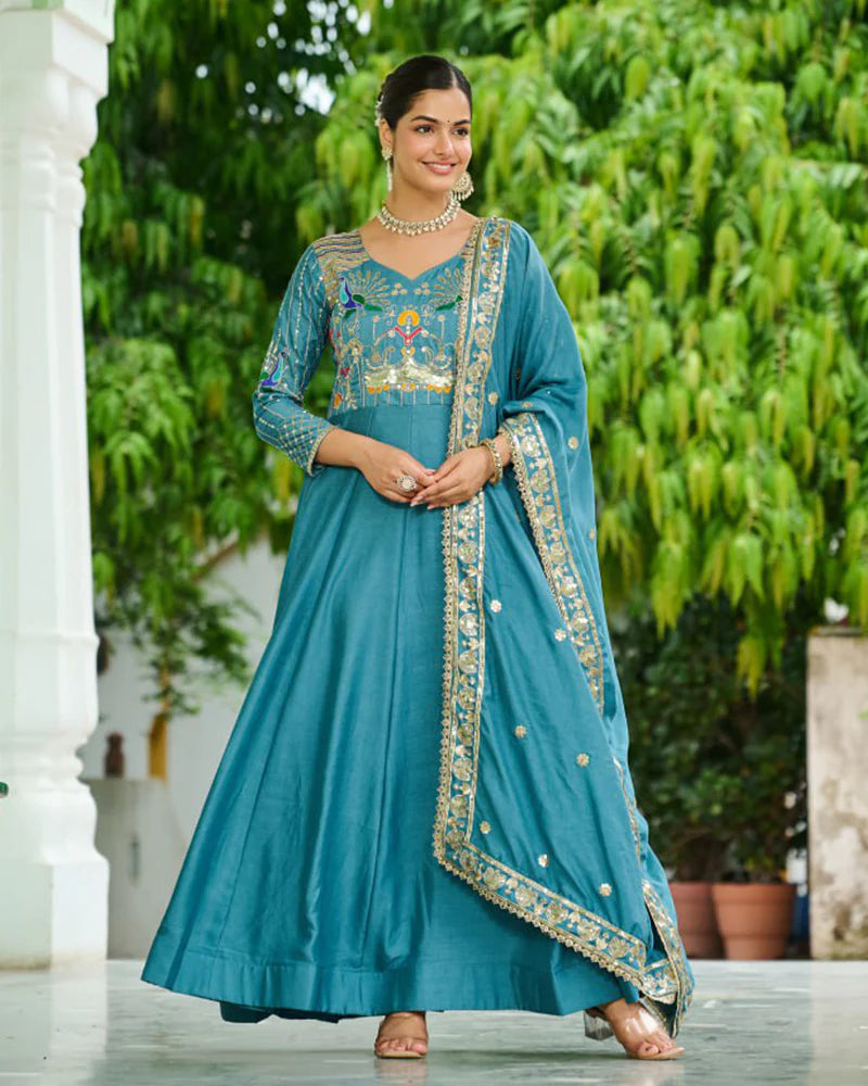 Womenline Teal Blue Color Vichitra Silk Sequence Embroidered Gown