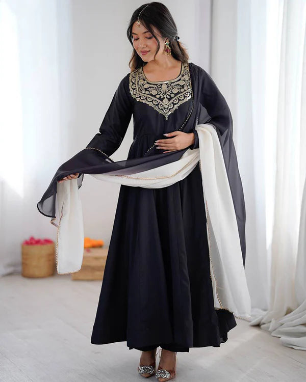 Womenline Black Color Soft French Crape Embroidered Anarkali Suit