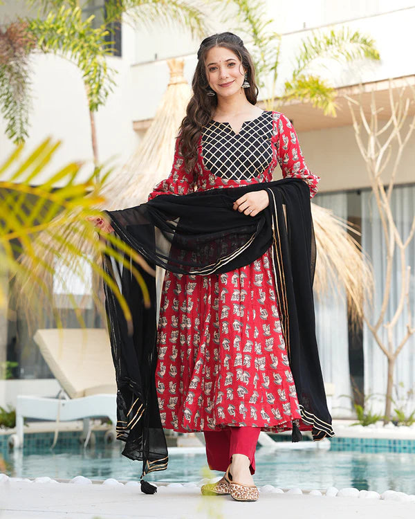 Womenline Red And Black Color Printed Pure Cotton Anarkali Suit