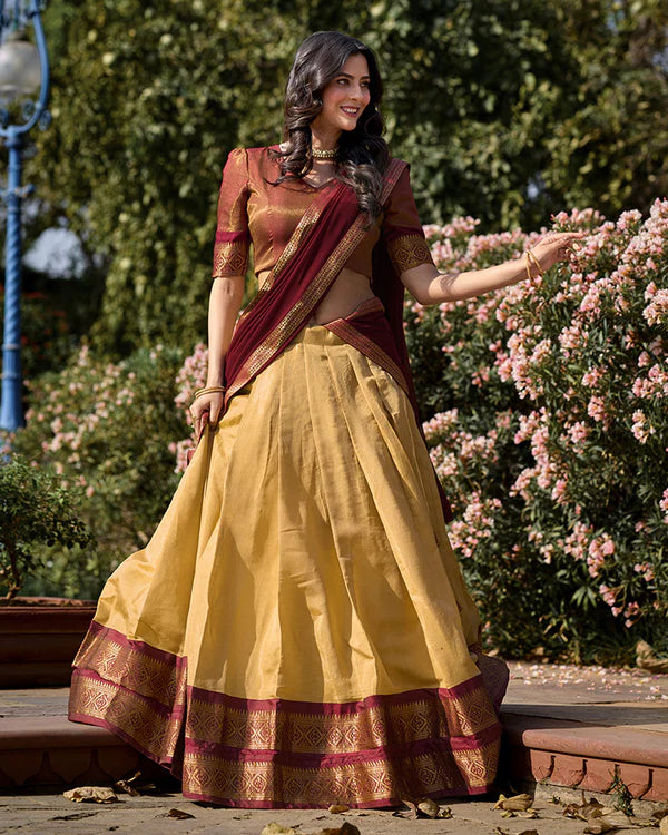 Womenline Cream Color Kanchipuram Silk Designer Half Saree