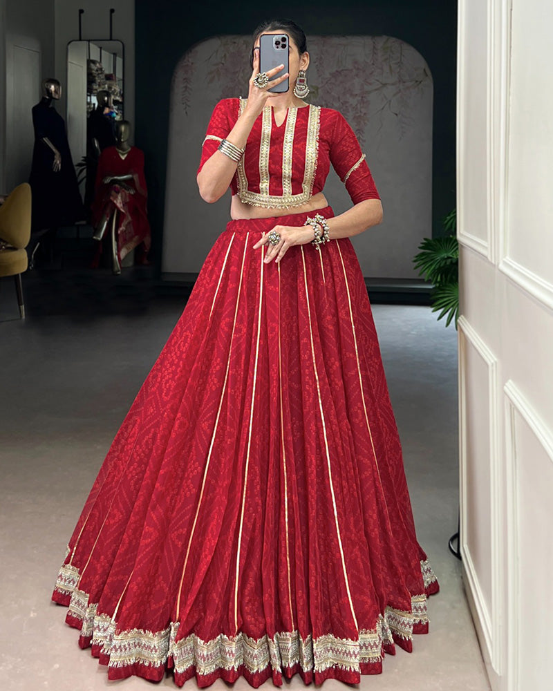 Womenline Red Color Chiffon Bandhej Printed Navratri Lehenga Choli