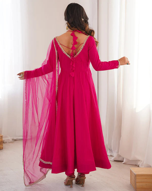 Womenline Rani Pink Color Chanderi Roman Silk Three Piece Anarkali Suit