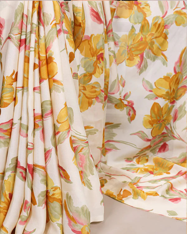 Womenline Yellow Color Satin Silk Floral Printed Saree