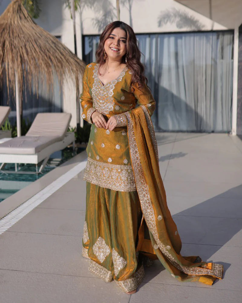 Womenline Golden Olive Color Fendi Crush Embroidered Plazzo Suit