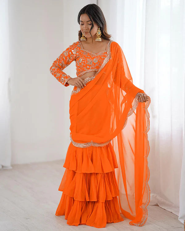 Womenline Orange Color Faux Georgette Ruffle Lehenga Saree