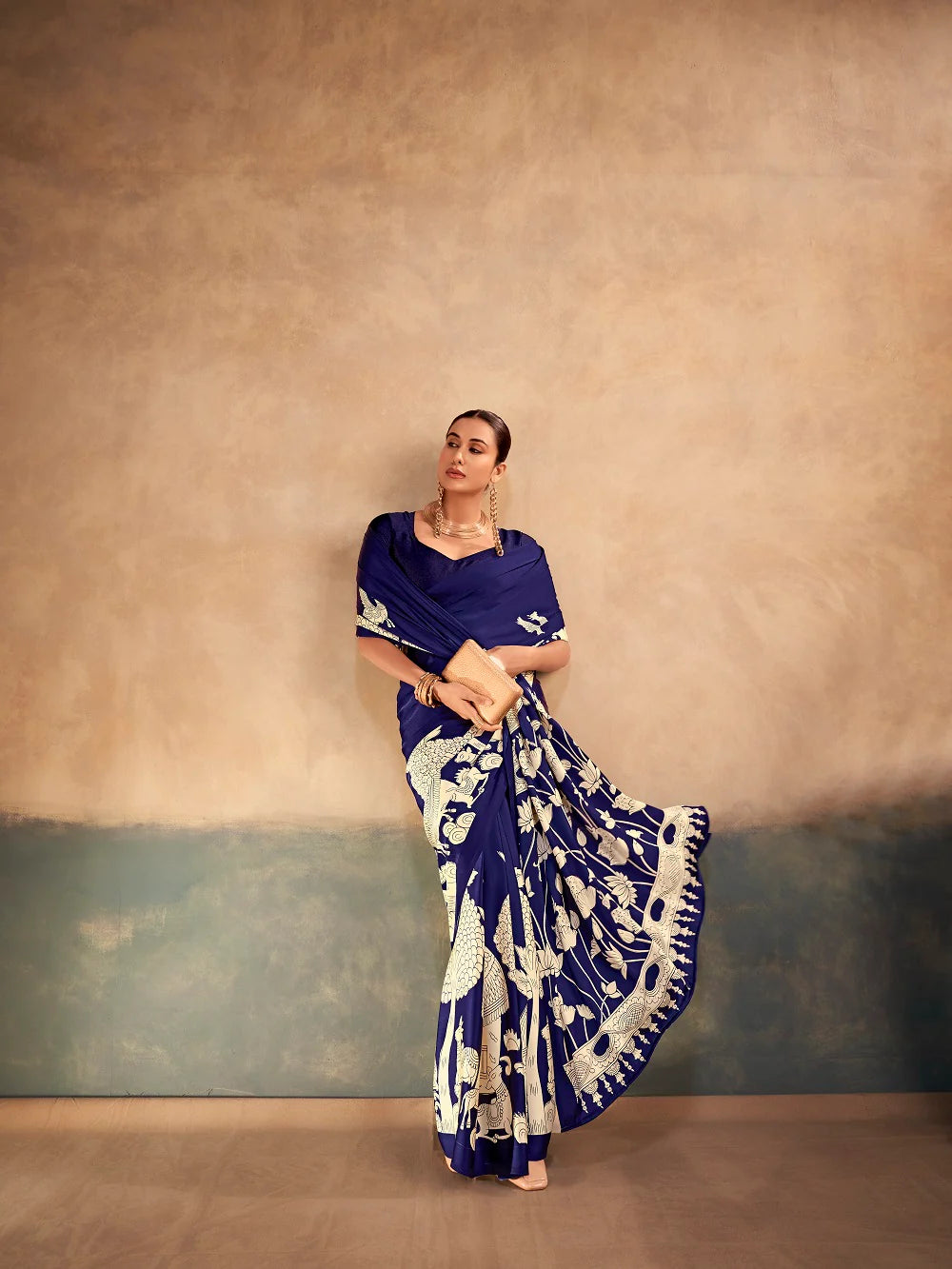 Womenline Bold and Contemporary Royal Blue Color Satin Silk Saree