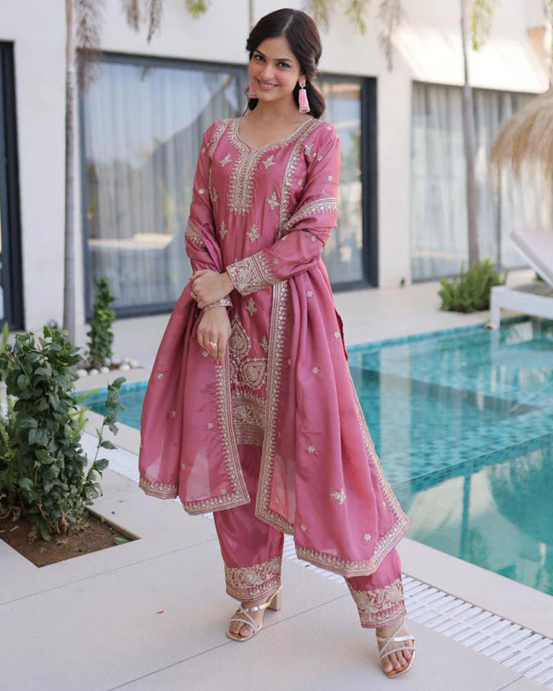 Womenline Pink Color Ho Silk Embroidered Kurti Suit