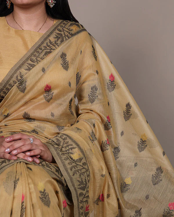 Womenline Yellow Color Thread Weaving Poly Cotton Saree