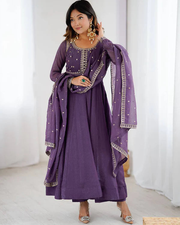 Womenline Dusty Mauve Color Crunchy Silk Three Piece Anarkali Suit