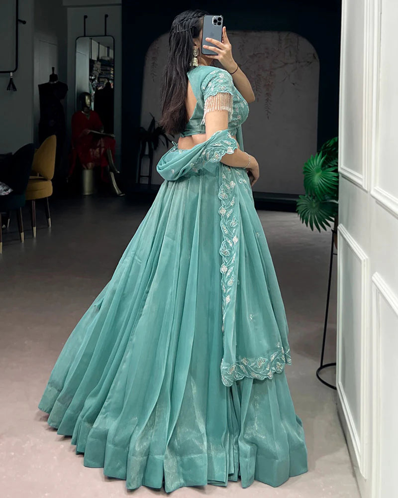Womenline Sky Blue Color Gold Coin Embroidered Lehenga Choli