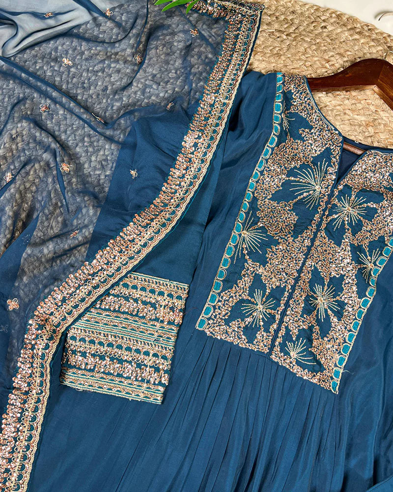 Womenline Teal Green Color Roman Silk Three Piece Kurti Suit