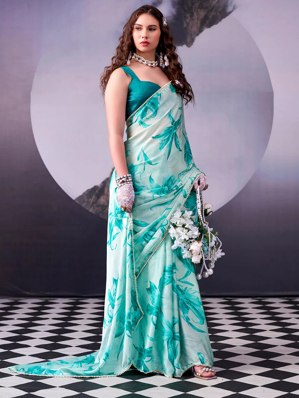 Womenline Stuning Aqua Green Color Floral Satin Silk Saree