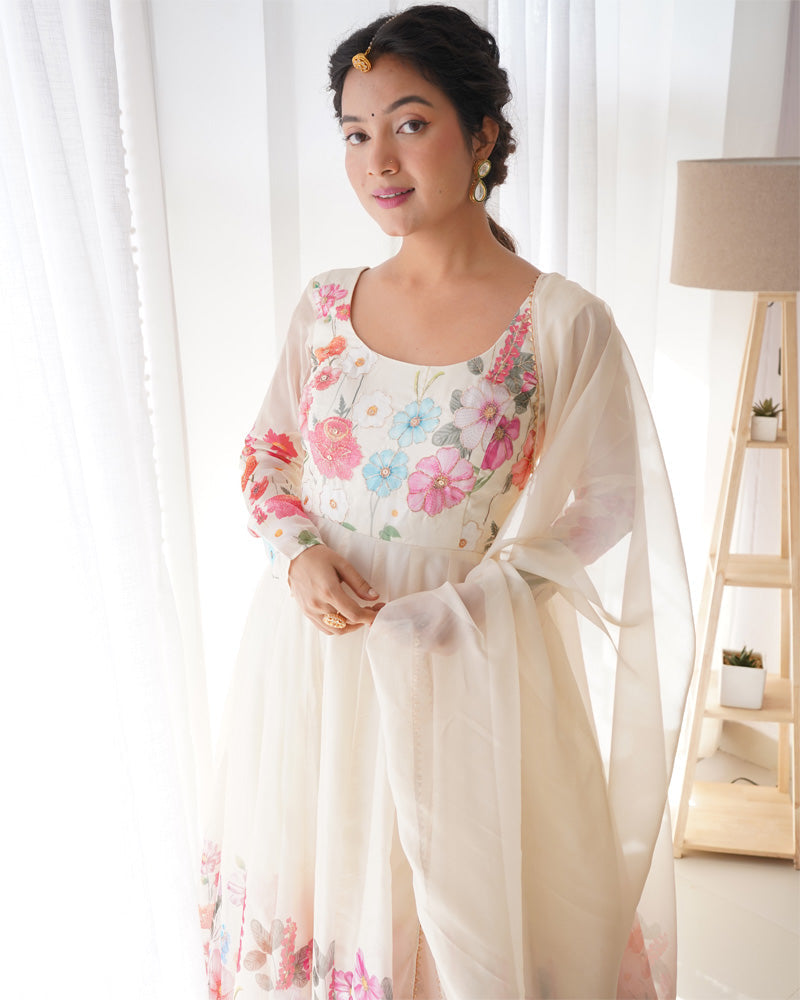 Womenline Off White Floral Print Organza Three Piece Anarkali Suit