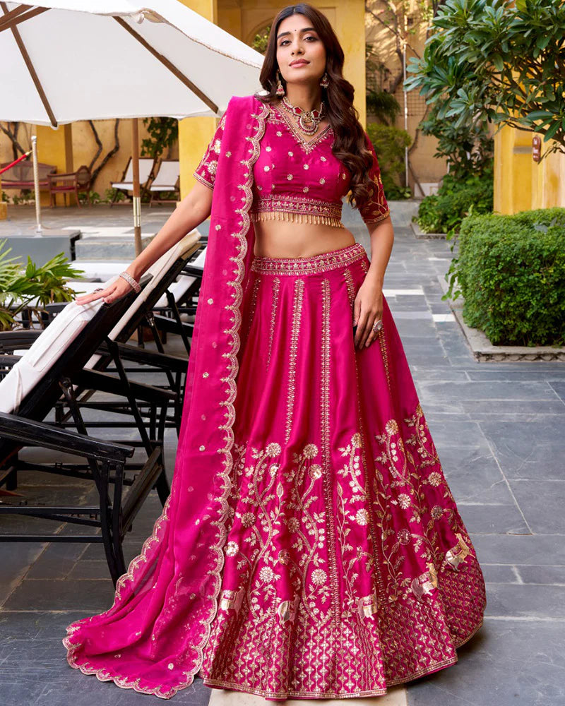 Womenline Rani Pink Color Natural Silk Embroidered Lehenga Choli