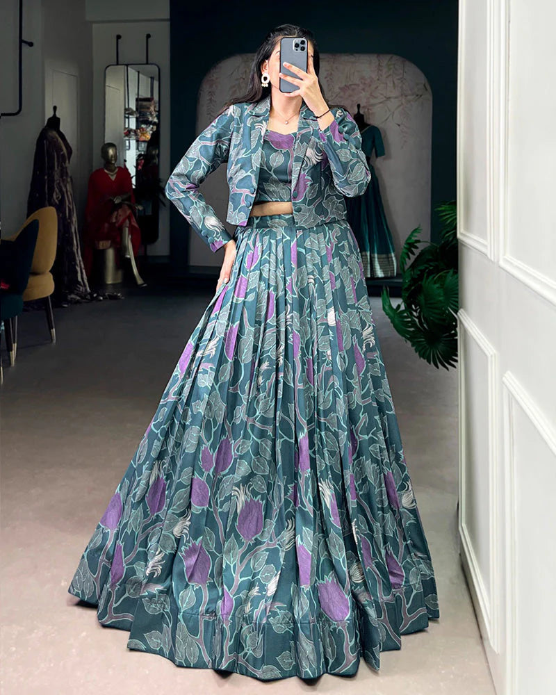 Womenline Teal Blue Color Tasar Silk Printed Lehenga Choli With Koti
