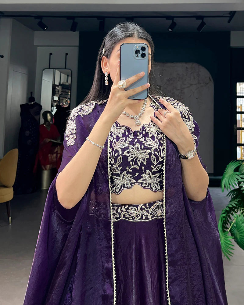 Womenline Purple Color Fendi Silk Embroidered Lehenga Choli