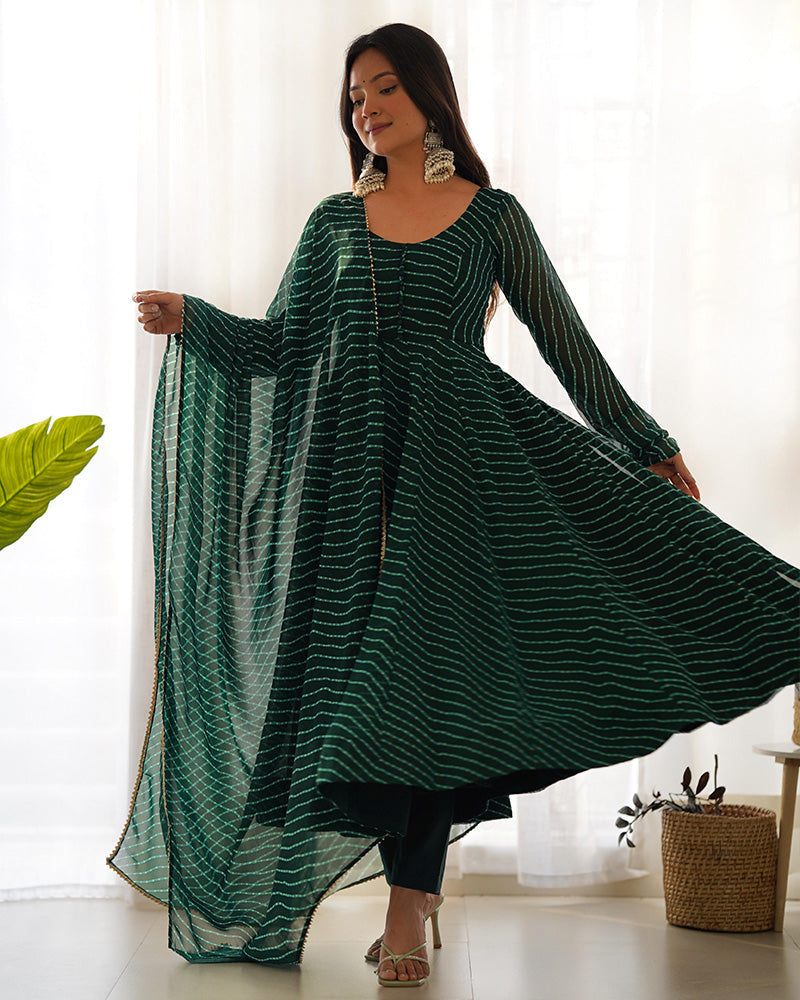 Womenline Green Color Laheriya Print Georgette Three Piece Anarkali Suit