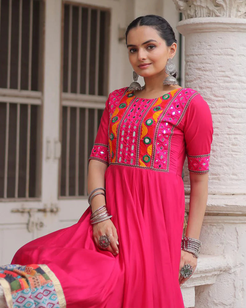 Womenline Colorful Border Pink Color Roman Silk Gamthi Work Navratri Gown