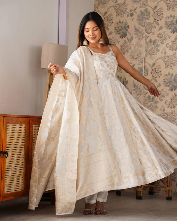Womenline Off-White Color Banarasi Jacquard Silk Anarkali Suit
