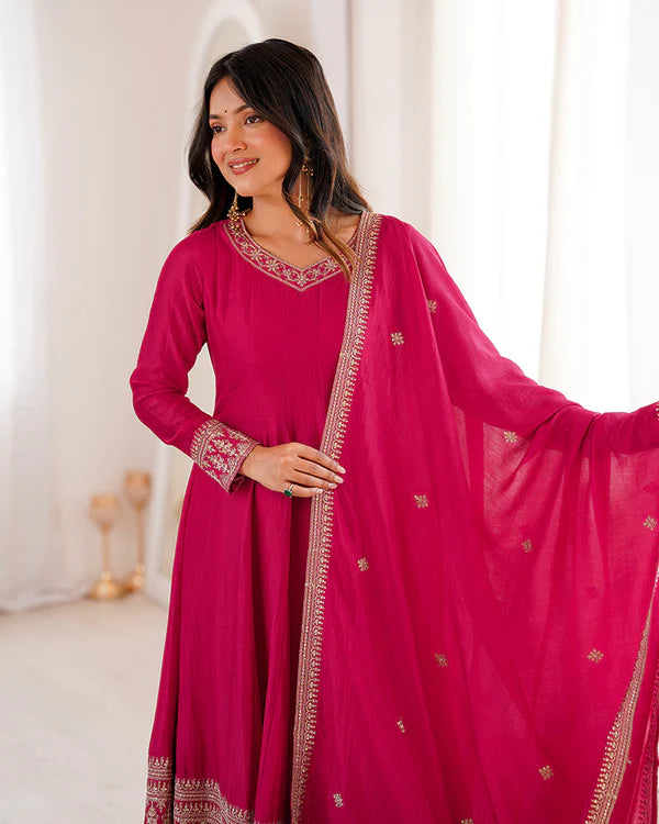 Womenline Rani Pink Color Blooming Vichitra Silk Anarkali Suit