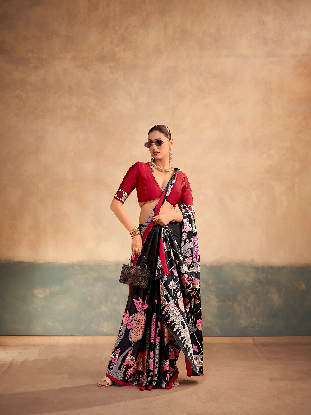 Womenline Bold and Contemporary Black Color Satin Silk Saree