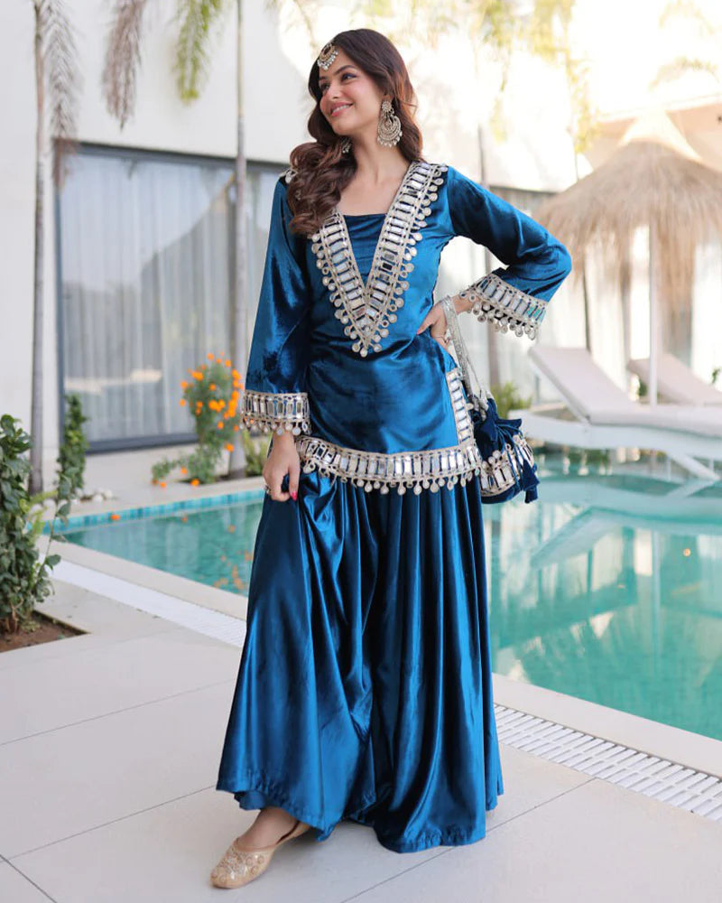 Womenline Peacock Blue Color Ice Velvet Embroidered Plazzo Suit