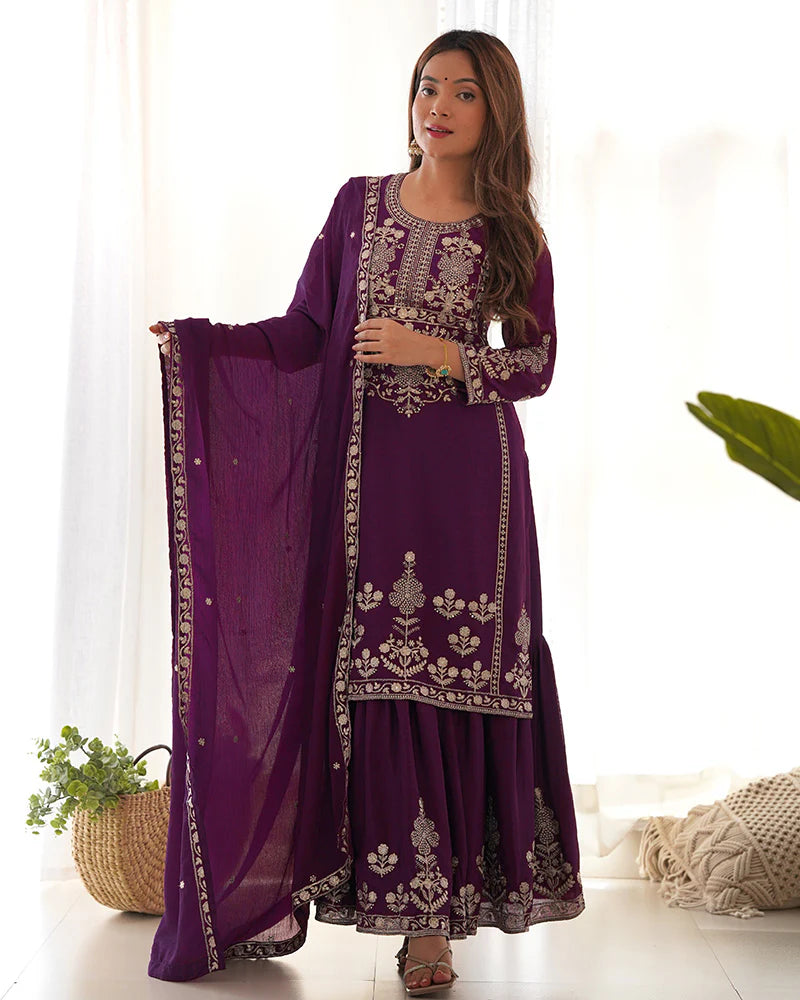 Womenline Wine Color Pure Chinon Silk Embroidered Plazzo Suit